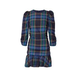 Tanya Taylor Raven Tartan Mini Dress Women’s 8 Ruched Preppy Blue Green Cotton
